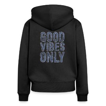 De l’énergie positive dans un style vintage - Sweat à capuche zippé Premium bio Femme - noir - Dos - Julia (174cm)