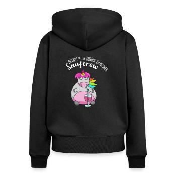 Saufcrew lustiger Spruch trinkendes Einhorn Wein - Frauen Premium Bio Zip Hoodie - Schwarz - Hinten - Julia (174cm)