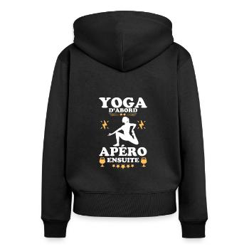 Yoga apéritif - Sweat à capuche zippé Premium bio Femme - noir - Dos - Julia (174cm)