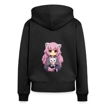 Kawaii Girl Anime Manga Fille et chat - Sweat à capuche zippé Premium bio Femme - noir - Dos - Julia (174cm)
