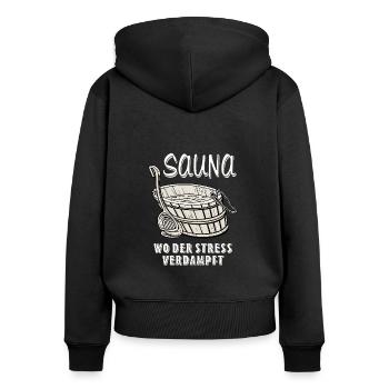SAUNA OÙ LE STRESS S’ÉVAPORE - Sweat à capuche zippé Premium bio Femme - noir - Dos - Julia (174cm)