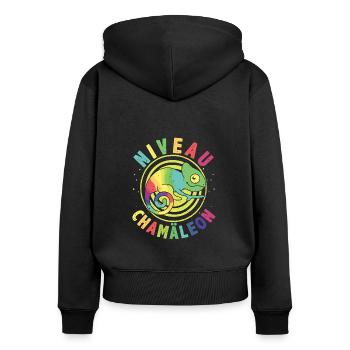 Niveau Chamäleon, Sarkastischer Spruch - Frauen Premium Bio Zip Hoodie - Schwarz - Hinten - Julia (174cm)