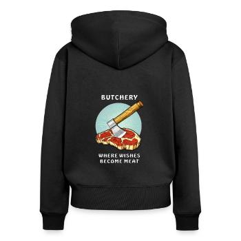 BOUCHERIE OÙ LES DÉSIRS DEVIENNENT VIANDE - Sweat à capuche zippé Premium bio Femme - noir - Dos - Julia (174cm)