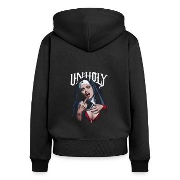 Provokant und Ausdrucksstark – Rebellische Mode - Frauen Premium Bio Zip Hoodie - Schwarz - Hinten - Julia (174cm)