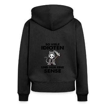 Katze So viele Idioten und nur eine Sense - Frauen Premium Bio Zip Hoodie - Schwarz - Hinten - Julia (174cm)