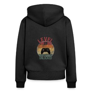 Level 15 unlocked - Frauen Premium Bio Zip Hoodie - Schwarz - Hinten - Julia (174cm)