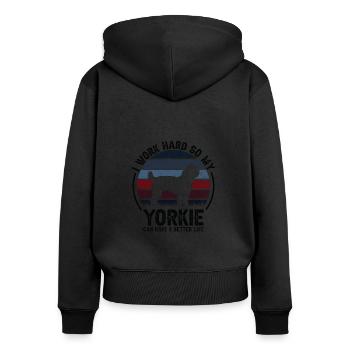 Travaillez dur - Retro Yorkie - Sweat à capuche zippé Premium bio Femme - noir - Dos - Julia (174cm)