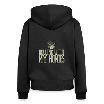 Bowling-Rolle - Frauen Premium Bio Zip Hoodie - Schwarz - Hinten - Julia (174cm)