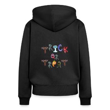 Doux ou aigre Halloween petit monstre - Sweat à capuche zippé Premium bio Femme - noir - Dos - Julia (174cm)