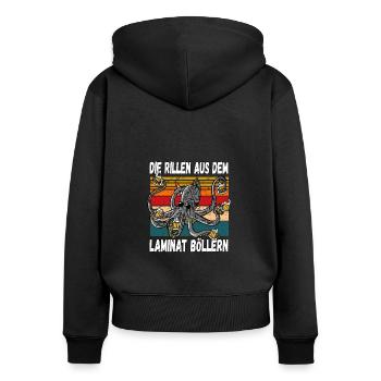 Die Rillen aus dem Laminat Böllern Trinkspruch - Frauen Premium Bio Zip Hoodie - Schwarz - Hinten - Julia (174cm)