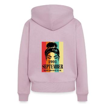 Septembre 1991 Joyeux anniversaire à moi - Sweat à capuche zippé Premium bio Femme - rose poudré - Dos - Julia (174cm)