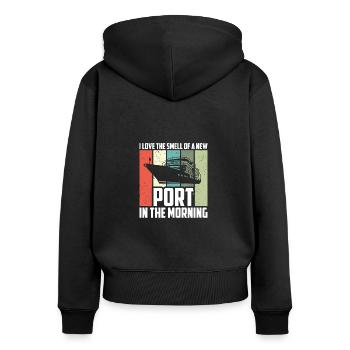 J’adore l’odeur du nouveau port lors de la croisière du matin - Sweat à capuche zippé Premium bio Femme - noir - Dos - Julia (174cm)