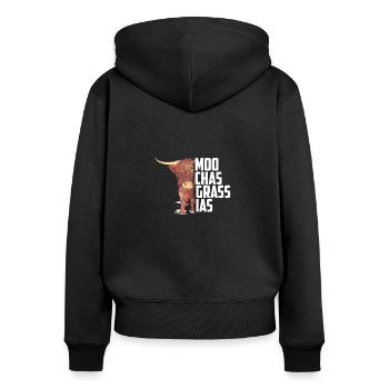 Moo-Chas Grass-Ias, Lustiger Hochlandrinder - Frauen Premium Bio Zip Hoodie - Schwarz - Hinten - Julia (174cm)