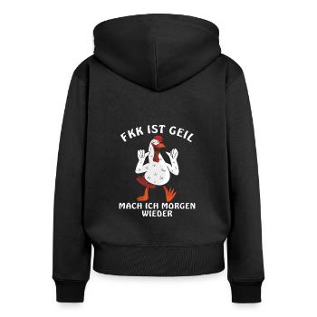 HAHN FKK IST GEIL MACH ICH MORGEN WIEDER - Frauen Premium Bio Zip Hoodie - Schwarz - Hinten - Julia (174cm)
