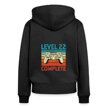 Level 22 Complete - Frauen Premium Bio Zip Hoodie - Schwarz - Hinten - Julia (174cm)