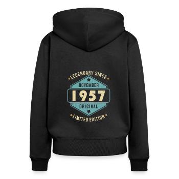 Novembre 1957 Vintage Retro Anniversaire - Sweat à capuche zippé Premium bio Femme - noir - Dos - Julia (174cm)
