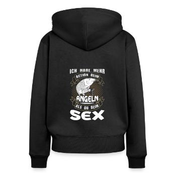 Lustiger Versauter Anglerspruch Beim Angeln Mehr - Frauen Premium Bio Zip Hoodie - Schwarz - Hinten - Julia (174cm)
