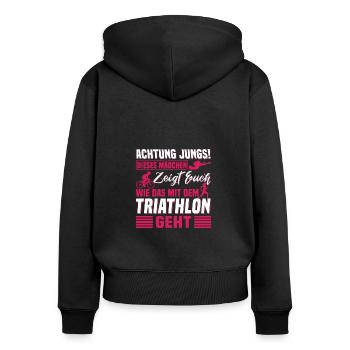 Triathlon Dieses Mädchen zeigt euch wie das geht - Frauen Premium Bio Zip Hoodie - Schwarz - Hinten - Julia (174cm)
