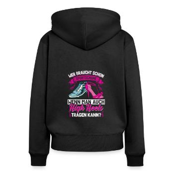 Pole Dance Poledancing Wer braucht Sportschuhe - Frauen Premium Bio Zip Hoodie - Schwarz - Hinten - Julia (174cm)