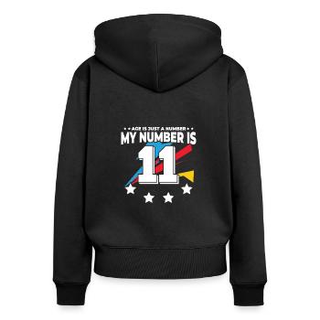 L’âge n’est qu’un chiffre - 11e anniversaire - Sweat à capuche zippé Premium bio Femme - noir - Dos - Julia (174cm)