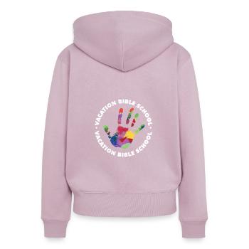 École biblique de vacances VBS Camp Bible de vacances - Sweat à capuche zippé Premium bio Femme - rose poudré - Dos - Julia (174cm)