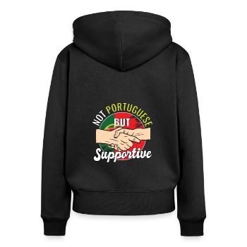 Pas portugais mais voyageur de campagne solidaire - Sweat à capuche zippé Premium bio Femme - noir - Dos - Julia (174cm)