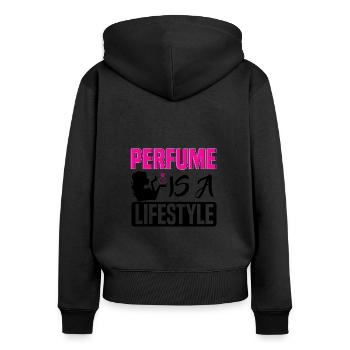 Parfüm Fragrance Perfüm Perfume Parfum Duft - Frauen Premium Bio Zip Hoodie - Schwarz - Hinten - Julia (174cm)