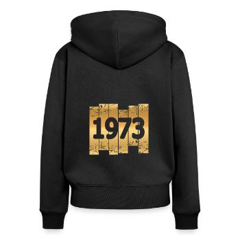 Gold Tone 1973 - Women's Premium Organic Zip Hoodie - black - Back - Julia (174cm)
