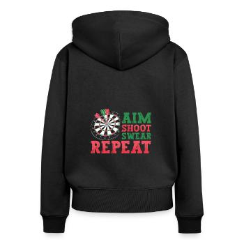 Zielen, Schießen, Schwören, Wiederholen, Dartspieler und Werfen - Frauen Premium Bio Zip Hoodie - Schwarz - Hinten - Julia (174cm)