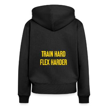 Train Hard Flex Harder - Frauen Premium Bio Zip Hoodie - Schwarz - Hinten - Julia (174cm)