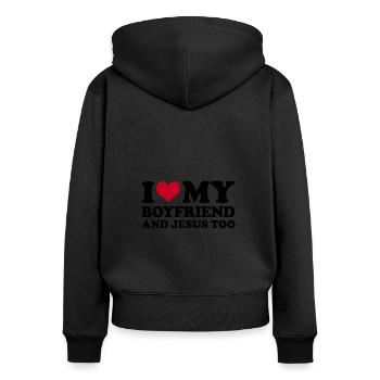 J’aime mon petit ami et Jésus aussi - Sweat à capuche zippé Premium bio Femme - noir - Dos - Julia (174cm)