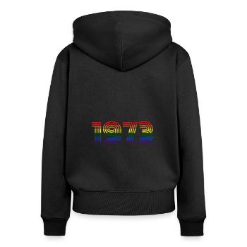 Arc-en-ciel 1973 - Sweat à capuche zippé Premium bio Femme - noir - Dos - Julia (174cm)