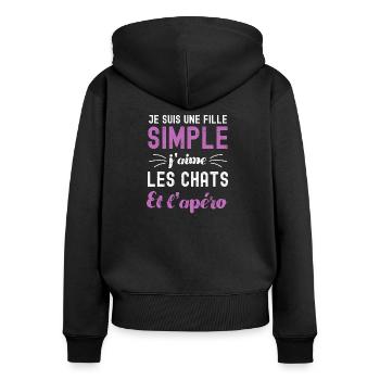 Une fille simple j aime les chats et l apéro - Sweat à capuche zippé Premium bio Femme - noir - Dos - Julia (174cm)