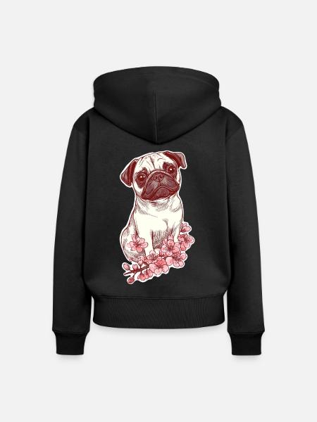 Mops mit Blüten - Frauen Premium Bio Zip Hoodie - Schwarz