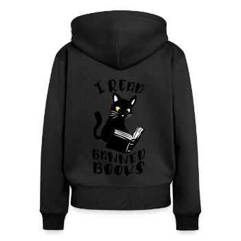J’ai lu des livres interdits Cat - Sweat à capuche zippé Premium bio Femme - noir - Dos - Julia (174cm)