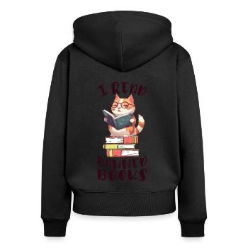 J’ai lu des livres interdits Cat - Sweat à capuche zippé Premium bio Femme - noir - Dos - Julia (174cm)