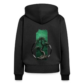 Serenity Grove : Bonsaï tranquille - Sweat à capuche zippé Premium bio Femme - noir - Dos - Julia (174cm)
