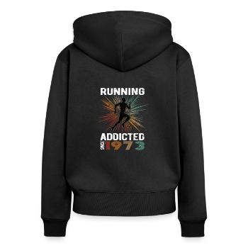 Running Vintage Running Addicted runner jogger 1973 - Sweat à capuche zippé Premium bio Femme - noir - Dos - Julia (174cm)
