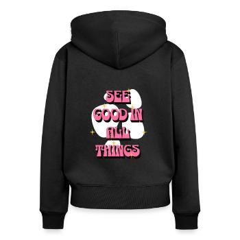 Voir le bien en toutes choses | Affirmations positives - Sweat à capuche zippé Premium bio Femme - noir - Dos - Julia (174cm)