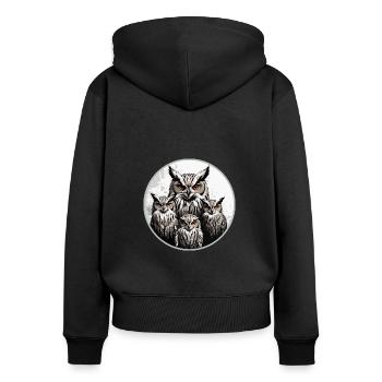 Eulenfamilie - grafisches Eulenmotiv mit vier Uhus - Frauen Premium Bio Zip Hoodie - Schwarz - Hinten - Julia (174cm)