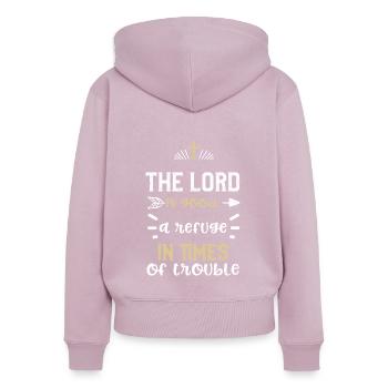 The Lord is good, a refuge in ti... - Women's Premium Organic Zip Hoodie - dusky pink - Back - Julia (174cm)