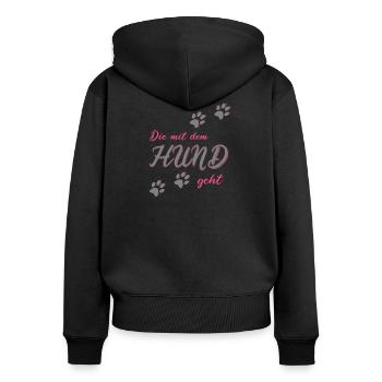 Die mit dem Hund geht, Dog Gassi Hundeliebhaber - Frauen Premium Bio Zip Hoodie - Schwarz - Hinten - Julia (174cm)