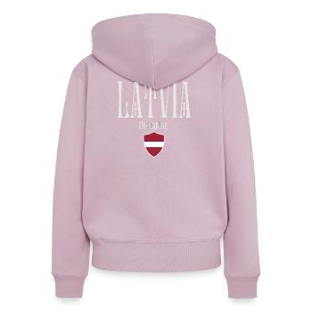 Natif de Lettonie, né en Lettonie - Sweat à capuche zippé Premium bio Femme - rose poudré - Dos - Julia (174cm)