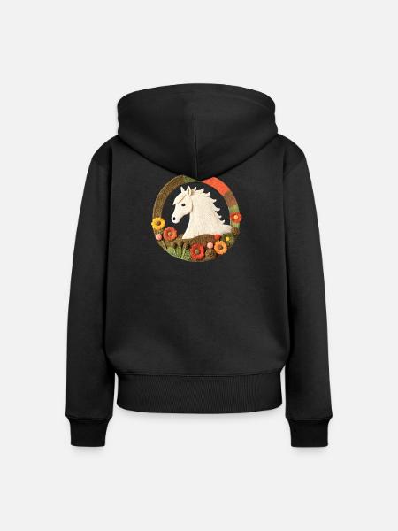 Gesticktes Pferdemotiv im Blumenkreis - Frauen Premium Bio Zip Hoodie - Schwarz
