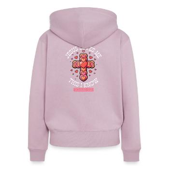 Cœurs croisés Jésus m’aime - Sweat à capuche zippé Premium bio Femme - rose poudré - Dos - Julia (174cm)