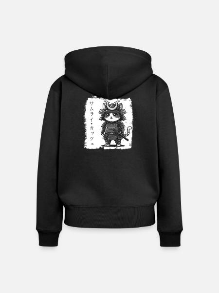 Samurai Katze in Rüstung - Frauen Premium Bio Zip Hoodie - Schwarz