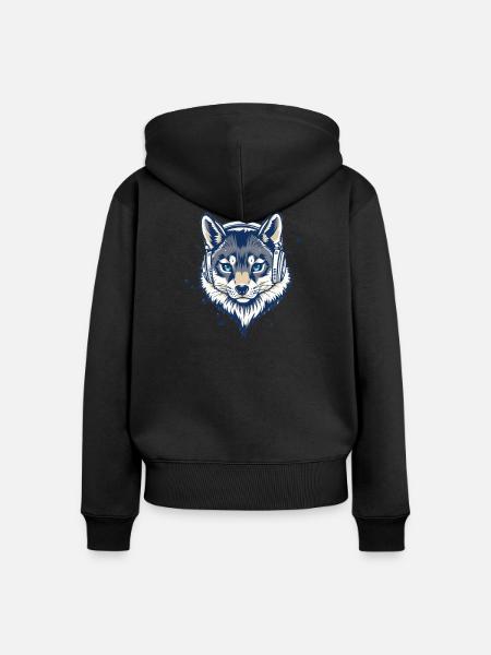 cooler Fuchs mit Kopfhörern - Frauen Premium Bio Zip Hoodie - Schwarz