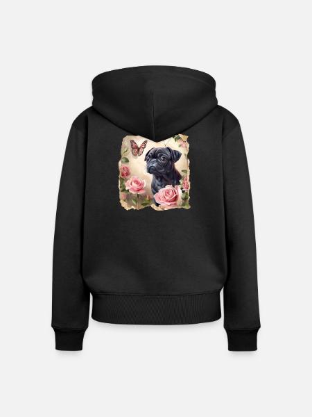 Schwarzer Mops mit Schmetterling - Frauen Premium Bio Zip Hoodie - Schwarz