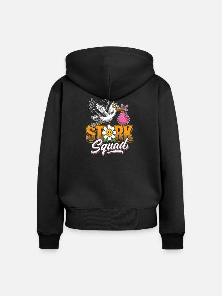 Stork Squad: Fröhlicher Storch - Frauen Premium Bio Zip Hoodie - Schwarz