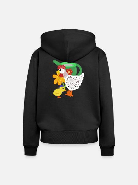 Huhn und Küken im Blumengarten - Frauen Premium Bio Zip Hoodie - Schwarz